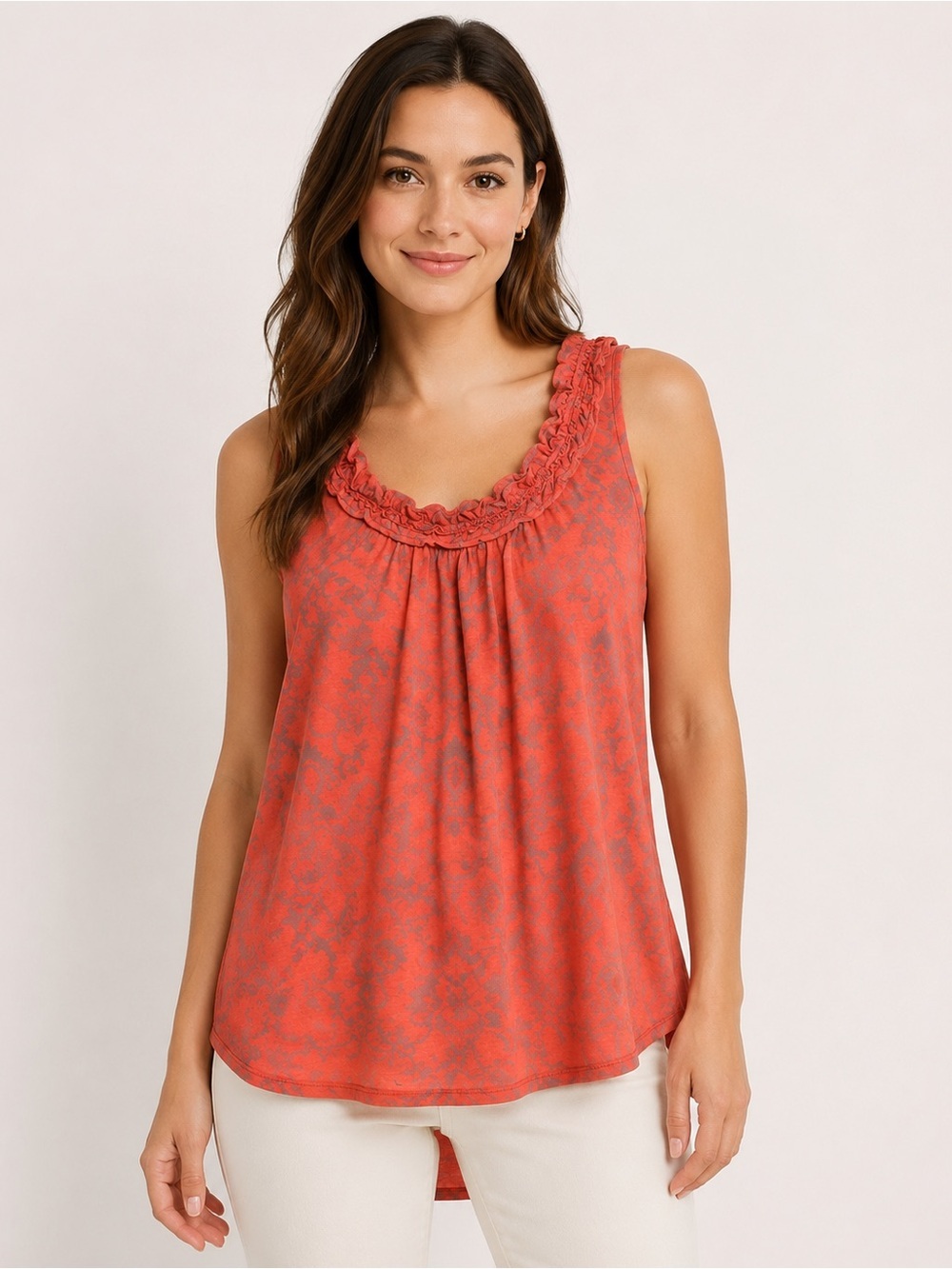 Testament Women’s XL Coral Gray Floral Ruffle Neck Sleeveless Tunic Top